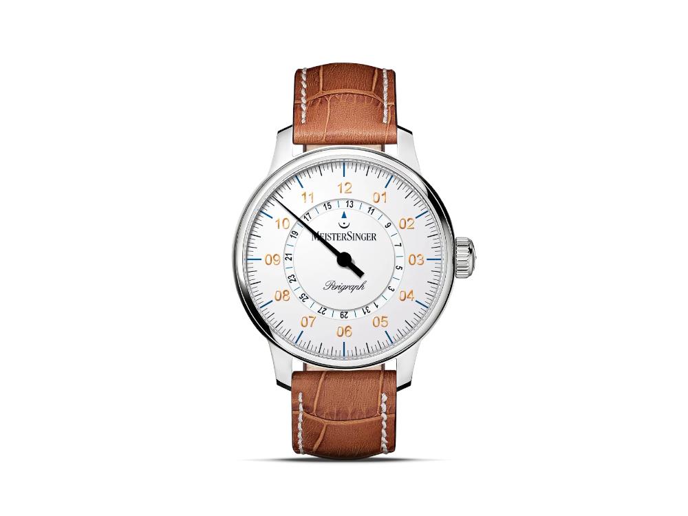 Meistersinger Perigraph Automatik Uhr, SW 200, 43 mm, Weiss, Lederband, AM1001G