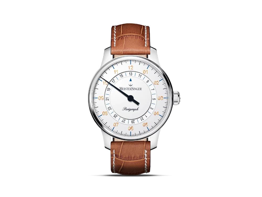 Meistersinger Perigraph Automatik Uhr, SW 300, 38 mm, Weiss, Lederband, BM1101G