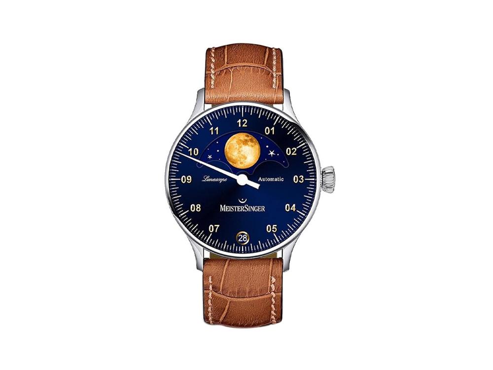 Meistersinger Lunascope Automatik Uhr, Blau, ETA 2836-2, 40mm, Lederband, LS908G