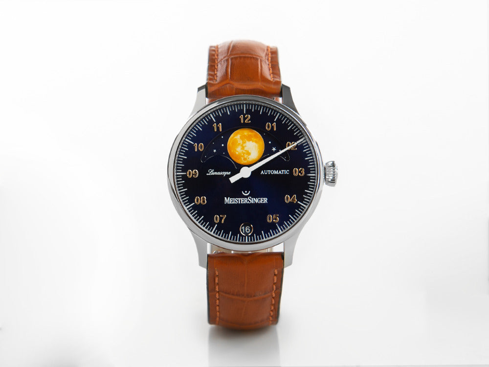 Meistersinger Lunascope Automatik Uhr, Blau, ETA 2836-2, 40mm, Lederband, LS908G