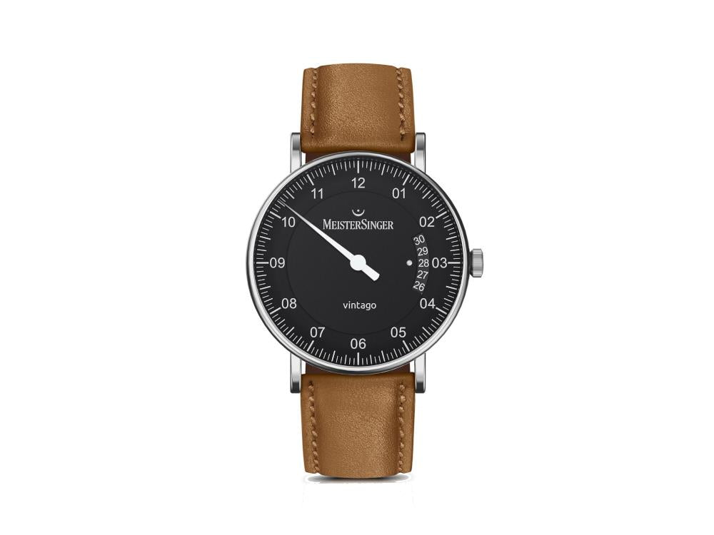 Meistersinger Vintago Automatik Uhr, SW 200-1, 38 mm, Schwarz, Lederband, VT902