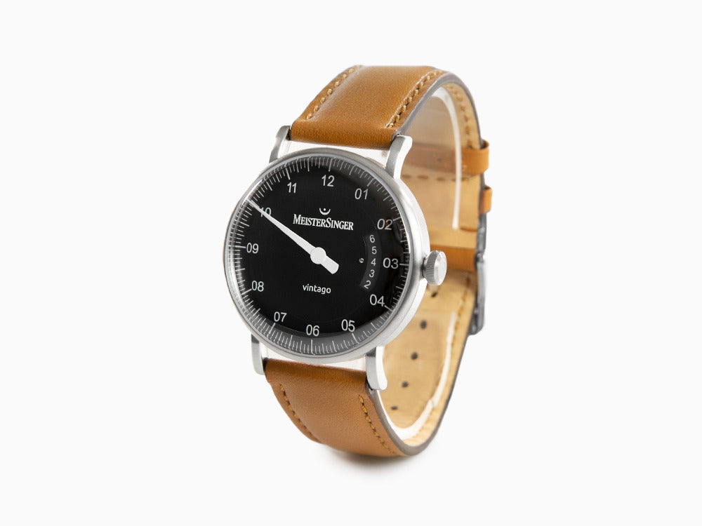 Meistersinger Vintago Automatik Uhr, SW 200-1, 38 mm, Schwarz, Lederband, VT902