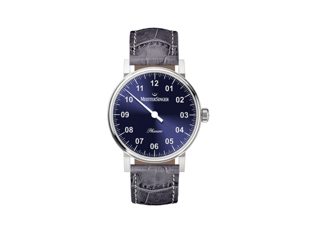 Meistersinger Phanero Uhr, Handaufzug, SW 210, Blau sunburst, 35mm, Lederband