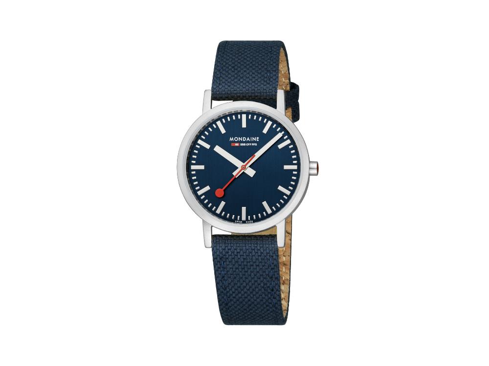 Mondaine SBB Classic Quartz Uhr, Blau, 36 mm, Leinenuhrband, A660.30314.40SBD