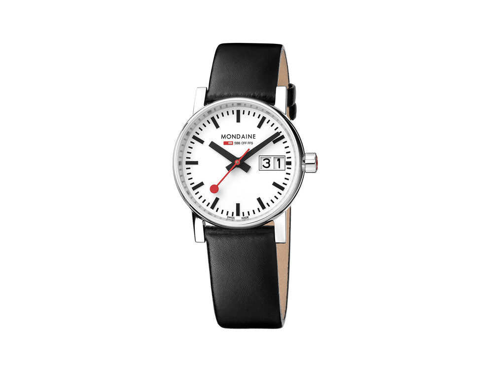 Mondaine SBB Evo2 Quartz Uhr, Weiss, 30mm, Tag, Lederband, MSE.30210.LB