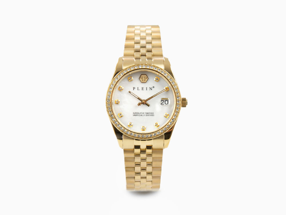 Philipp Plein Date Superlative Quartz Uhr, PVD Gold, Weiss, 34 mm, PWYAA0323