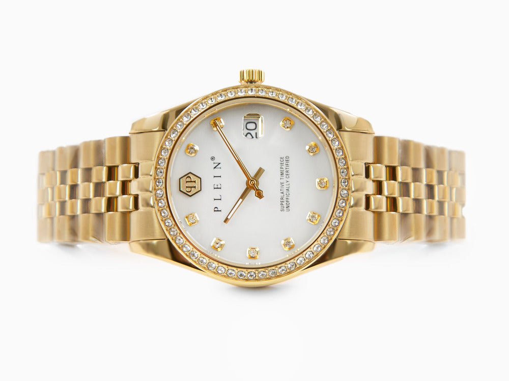 Philipp Plein Date Superlative Quartz Uhr, PVD Gold, Weiss, 34 mm, PWYAA0323