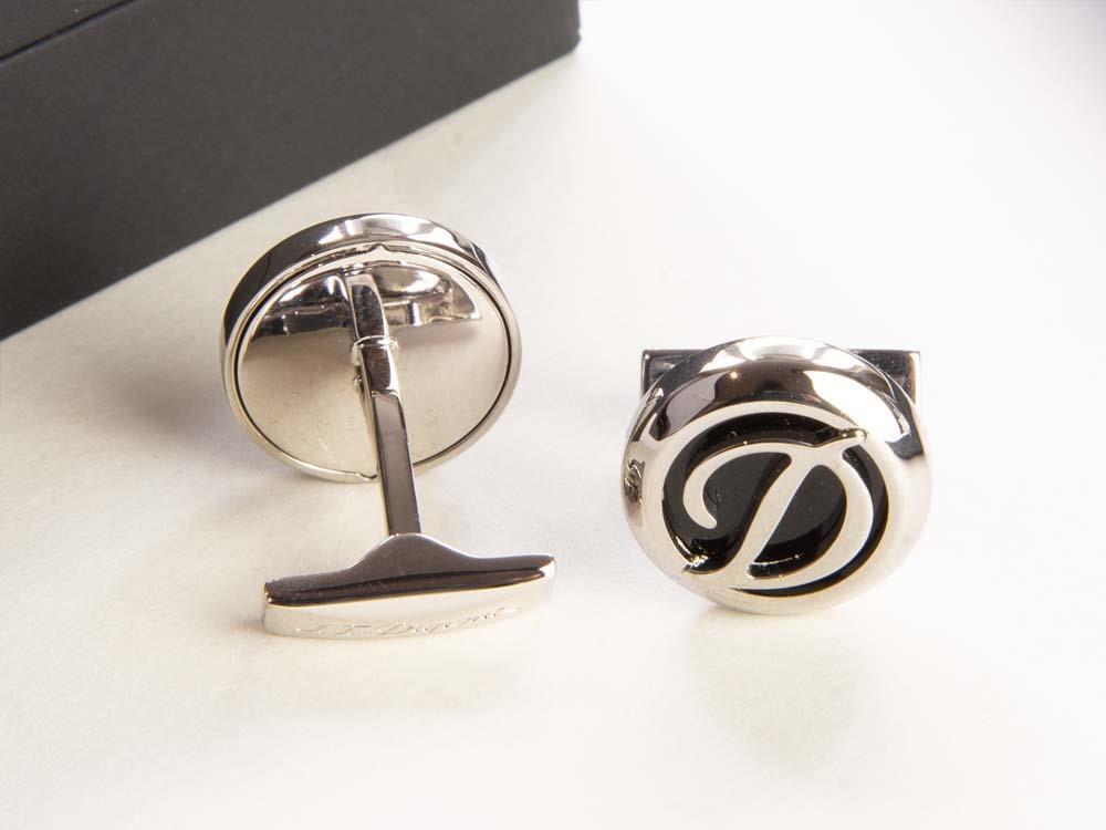 S.T. Dupont Round Manschettenknöpfe, Stahl, Lack, Edelstahl, Silber, 005585