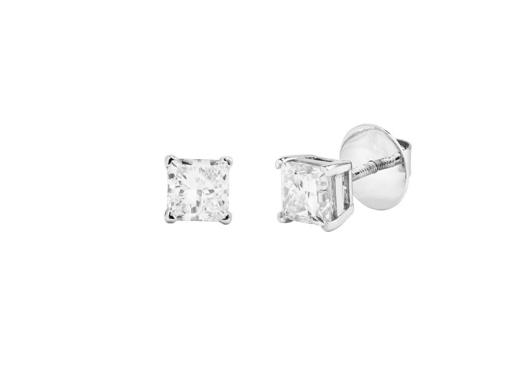 Solitario Ohrringe mit Prinzessschliff aus 18K Weißgold 2 ct, CEW10154