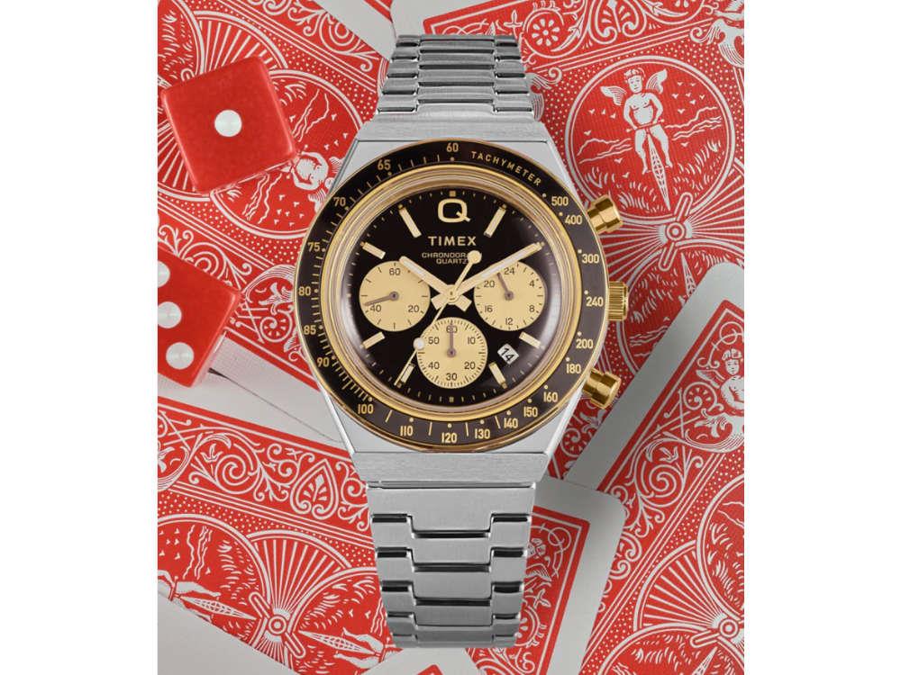 Timex Q Timex Quartz Uhr, PVD Gold, Schwarz, 40 mm, Chronograph, TW2W64200