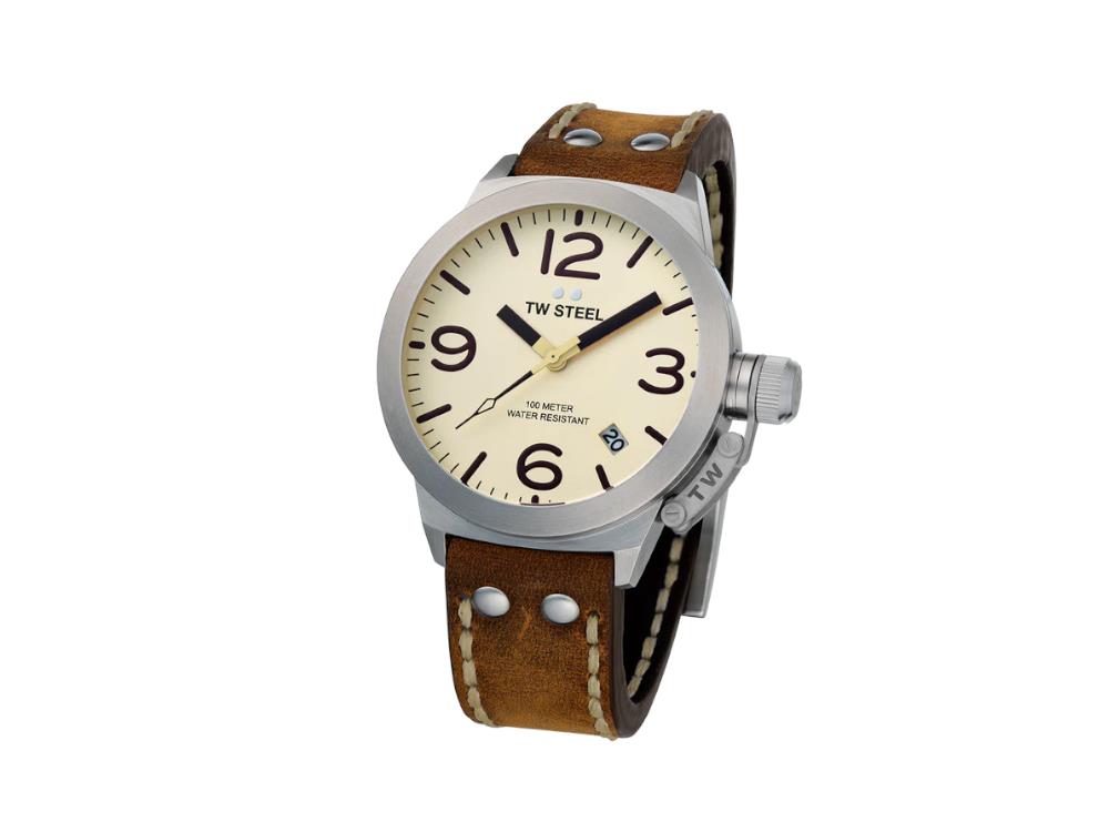 TW SteelClassic Canteen Quartz Uhr, Beige, 45 mm, Lederband, 10 atm, CS100