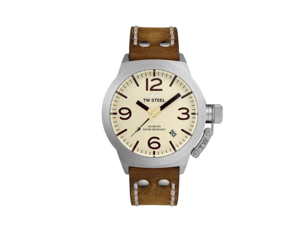 TW SteelClassic Canteen Quartz Uhr, Beige, 45 mm, Lederband, 10 atm, CS100
