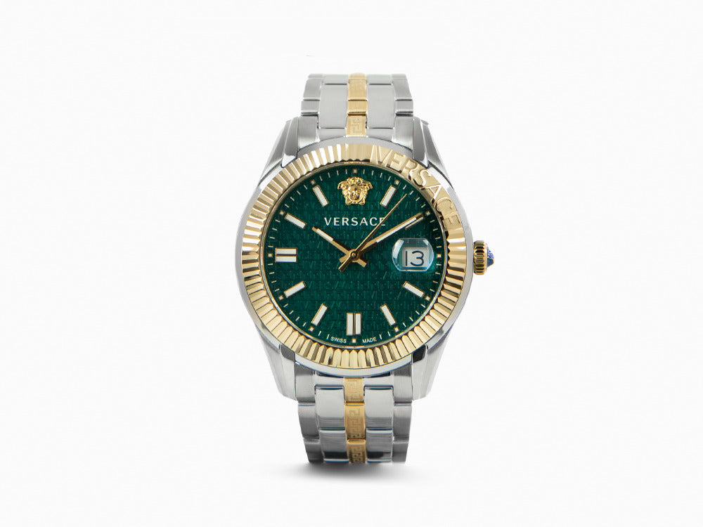 Versace Greca Time Quartz Uhr, PVD Gold, Grün, 41 mm, Shapir-Glas, VE3K00422
