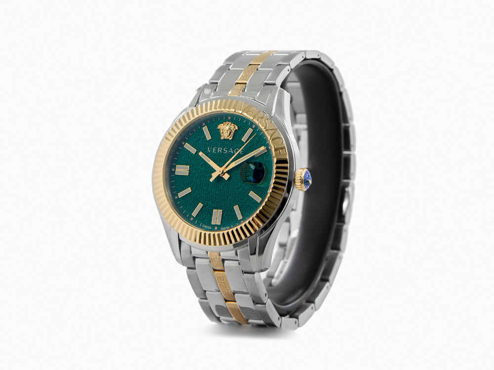 Versace Greca Time Quartz Uhr, PVD Gold, Grün, 41 mm, Shapir-Glas, VE3K00422