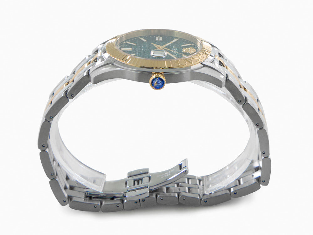 Versace Greca Time Quartz Uhr, PVD Gold, Grün, 41 mm, Shapir-Glas, VE3K00422