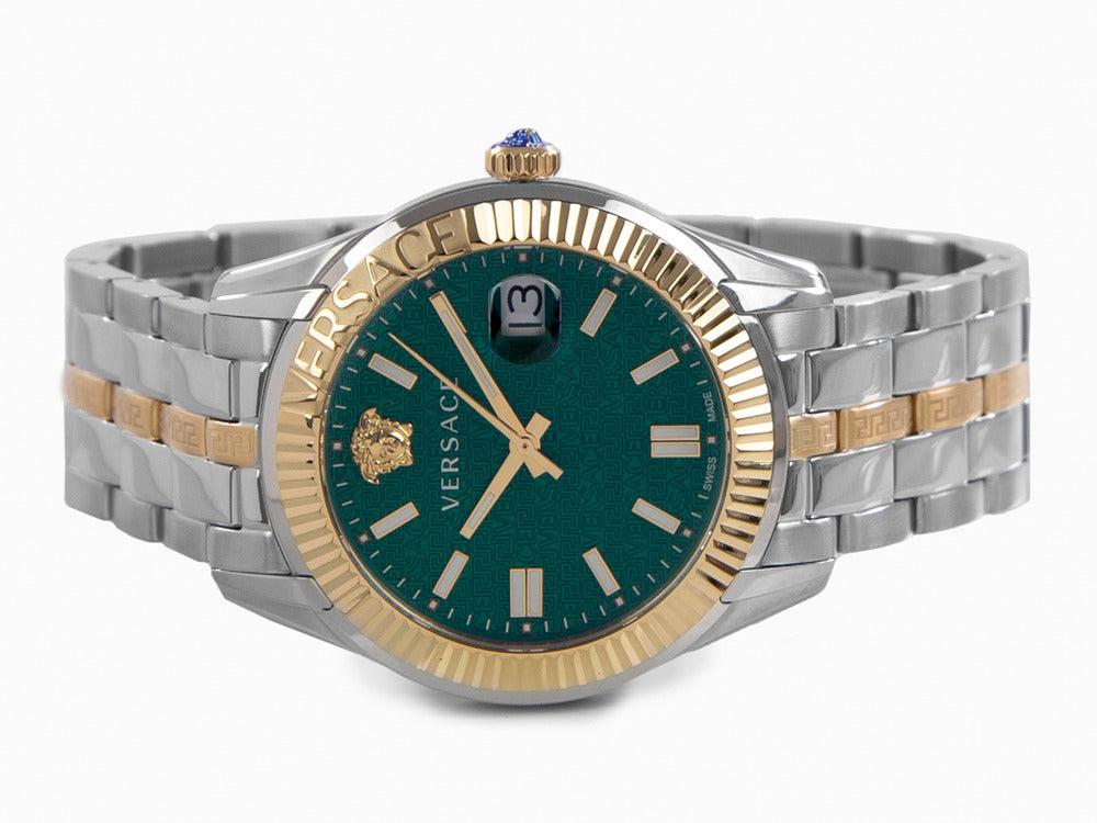 Versace Greca Time Quartz Uhr, PVD Gold, Grün, 41 mm, Shapir-Glas, VE3K00422