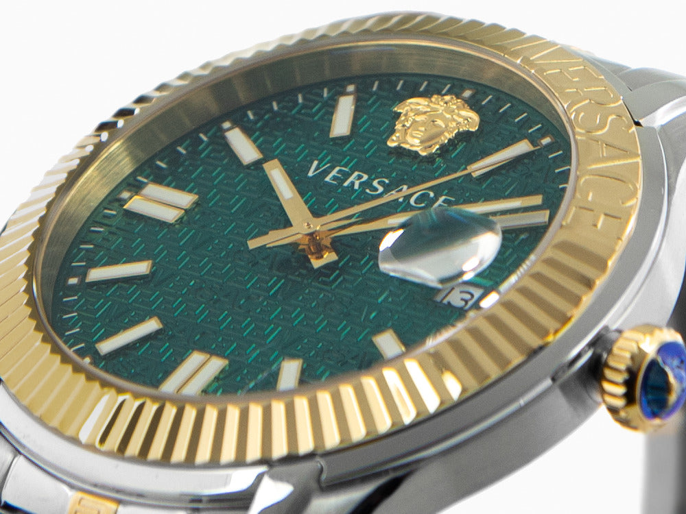 Versace Greca Time Quartz Uhr, PVD Gold, Grün, 41 mm, Shapir-Glas, VE3K00422