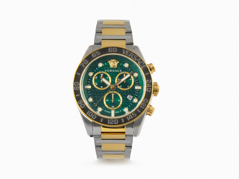 Versace Greca Dome Chrono Quartz Uhr, PVD Gold, Grün, 43 mm, VE6K00423