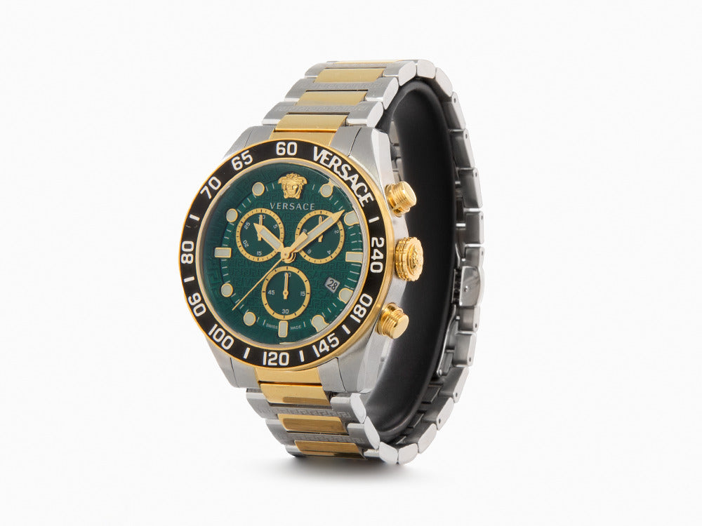 Versace Greca Dome Chrono Quartz Uhr, PVD Gold, Grün, 43 mm, VE6K00423