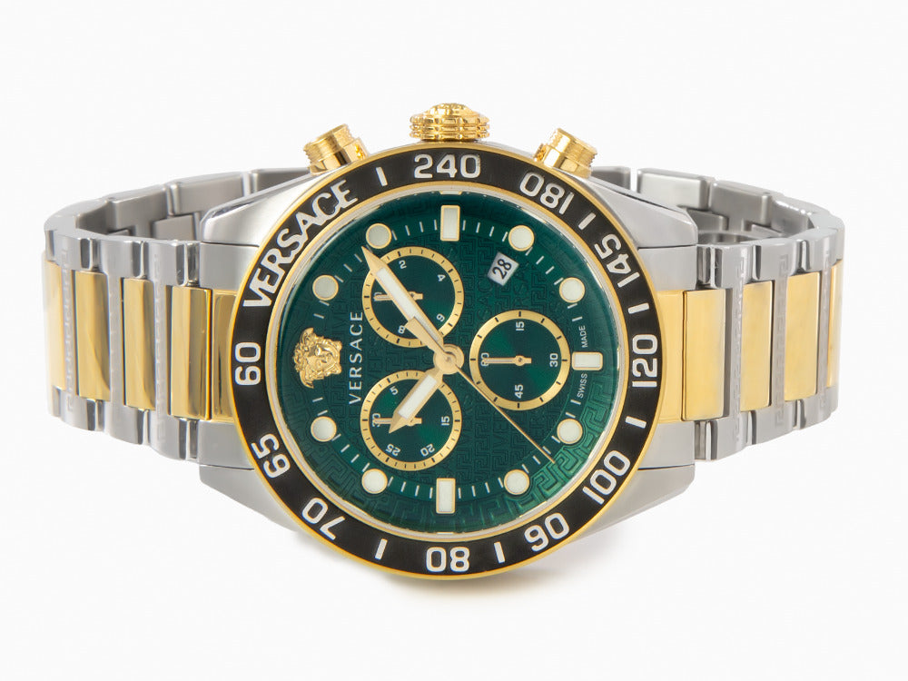 Versace Greca Dome Chrono Quartz Uhr, PVD Gold, Grün, 43 mm, VE6K00423
