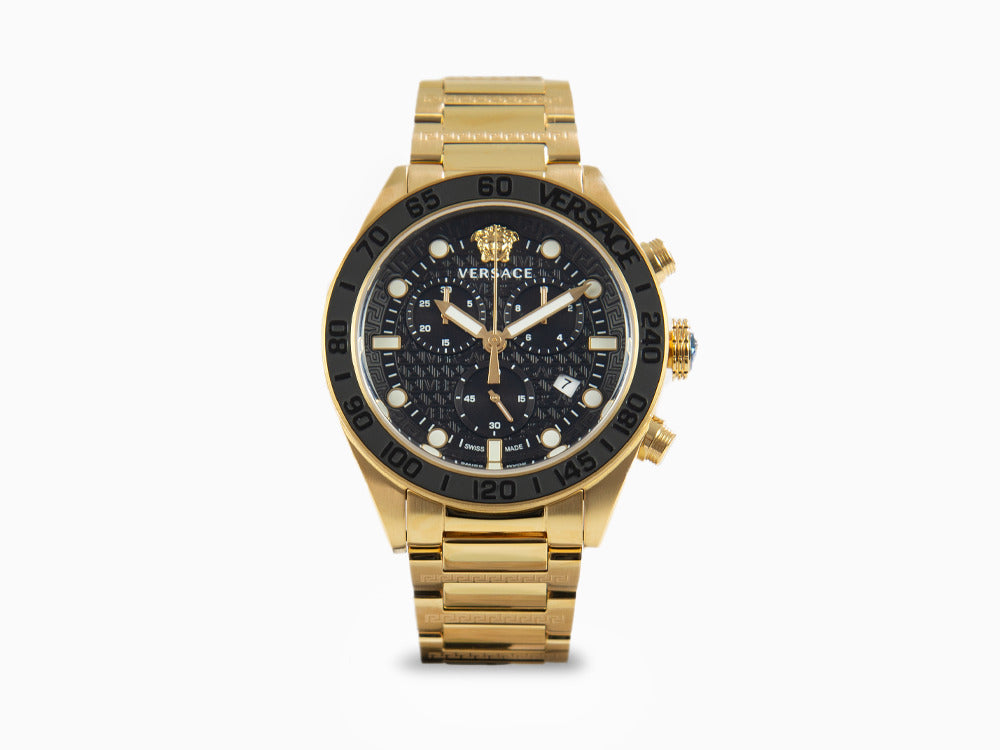 Versace Greca Dome Chrono Quartz Uhr, PVD Gold, Schwarz, 43 mm, VE6K00523