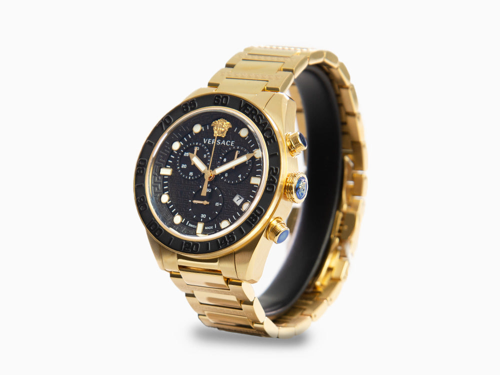 Versace Greca Dome Chrono Quartz Uhr, PVD Gold, Schwarz, 43 mm, VE6K00523