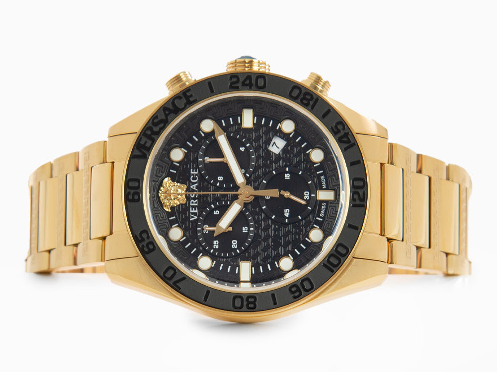 Versace Greca Dome Chrono Quartz Uhr, PVD Gold, Schwarz, 43 mm, VE6K00523