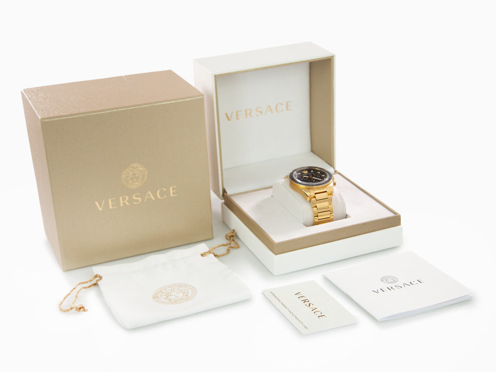 Versace Greca Dome Chrono Quartz Uhr, PVD Gold, Schwarz, 43 mm, VE6K00523