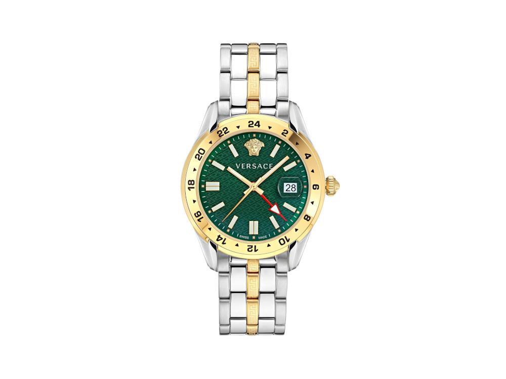 Versace Greca Time GMT Quartz Uhr PVD Gold Grun 41 mm Shapir Glas Iguana Sell DE