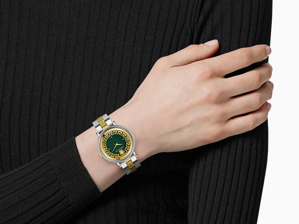 Versace Greca Flourish Quartz Uhr, PVD Gold, Grün, 35 mm, VE7F00523