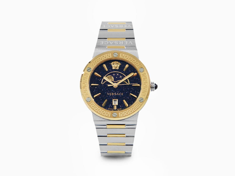 Versace Greca Logo Moonphase Quartz Uhr, PVD Gold, Blau, 38 mm, VE7G00223