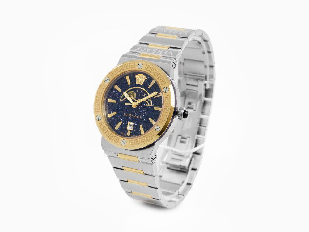 Versace Greca Logo Moonphase Quartz Uhr, PVD Gold, Blau, 38 mm, VE7G00223