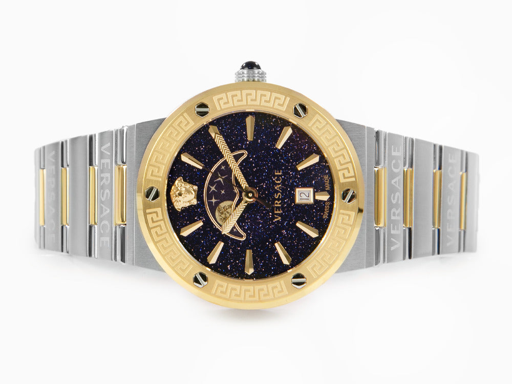 Versace Greca Logo Moonphase Quartz Uhr, PVD Gold, Blau, 38 mm, VE7G00223