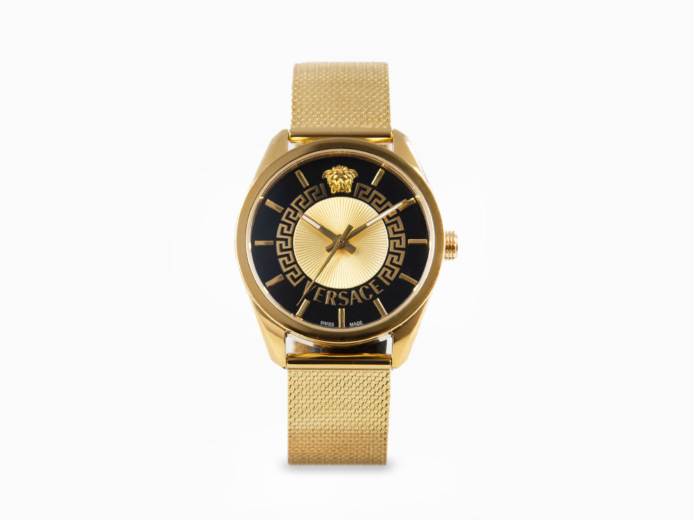 Versace New V Circle Quartz Uhr, PVD Gold, 36 mm, Shapir-Glas, VE8A00424