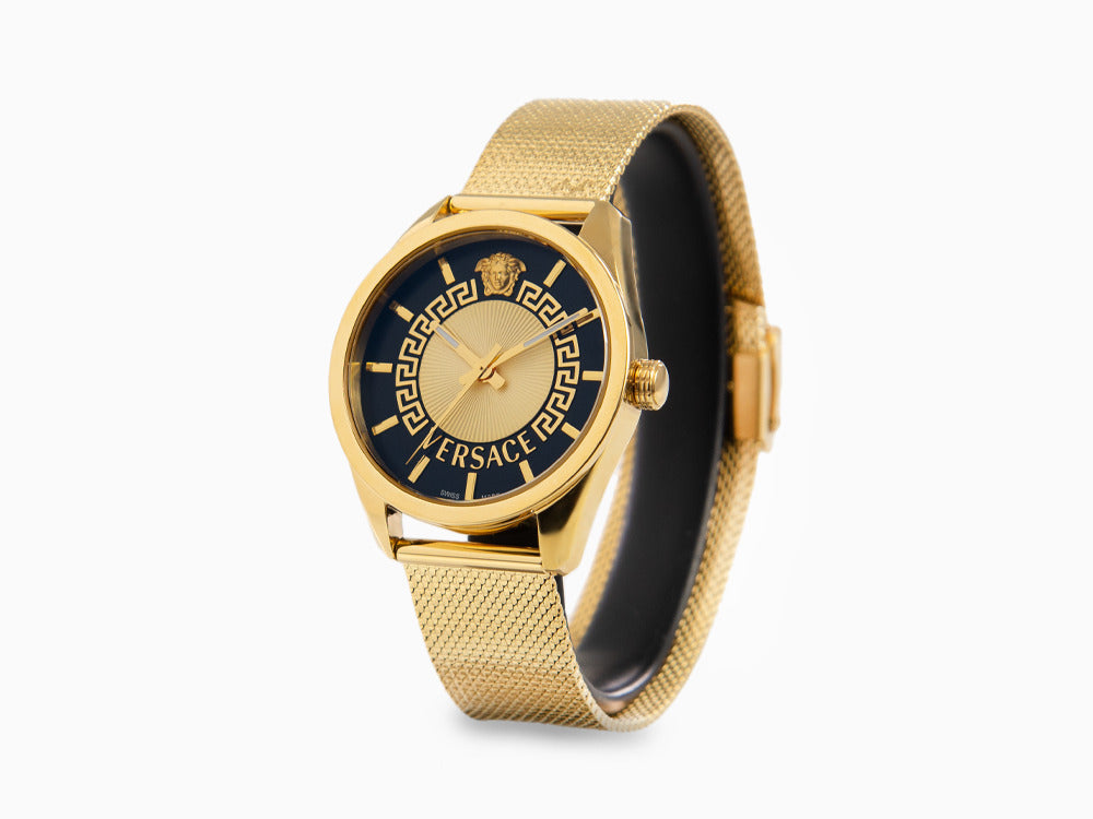 Versace New V Circle Quartz Uhr, PVD Gold, 36 mm, Shapir-Glas, VE8A00424