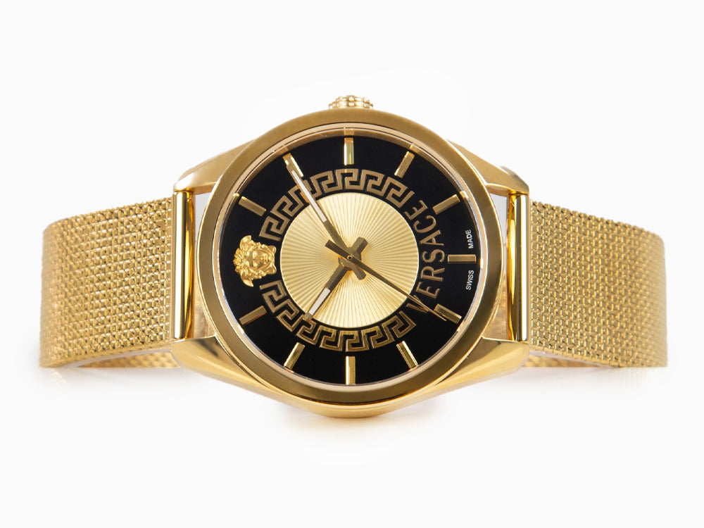 Versace New V Circle Quartz Uhr, PVD Gold, 36 mm, Shapir-Glas, VE8A00424
