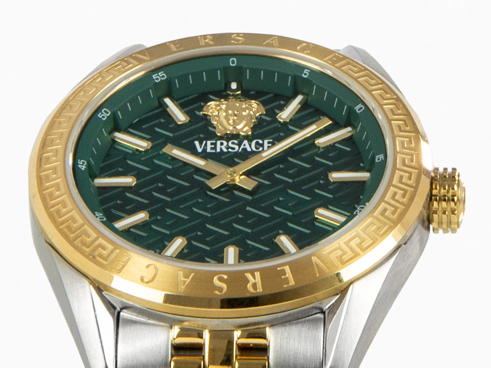 Versace V-Code Lady Quartz Uhr, PVD Gold, Grün, 36 mm, Shapir-Glas, VE8I00424