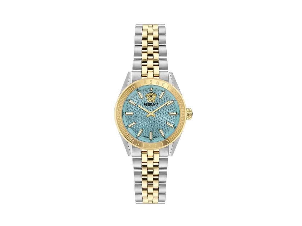 Versace V-Code Lady Quartz Uhr, PVD Gold, Hellblau, 36 mm, VE8I00524