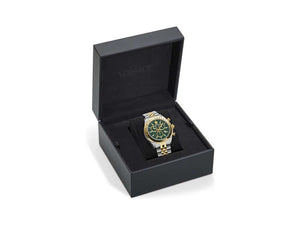 Versace Chrono Master Quartz Uhr, PVD Gold, Grün, 44 mm, Shapir-Glas, VE8R00524