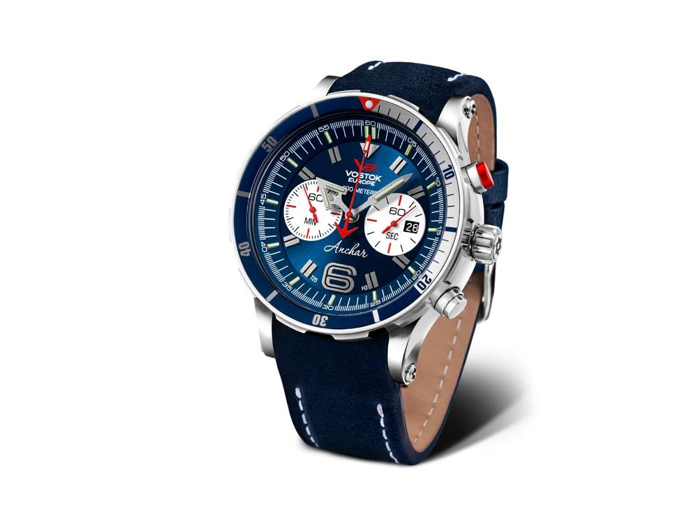 Vostok Europe Anchar Quartz Uhr, Blau, 48.7 mm, Tritium, Chrono, 6S21-510A583