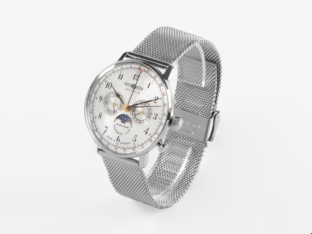 Zeppelin LZ 129 Hindenburg Moonphase Quartz Uhr, 40mm, Silber, 7036M-1