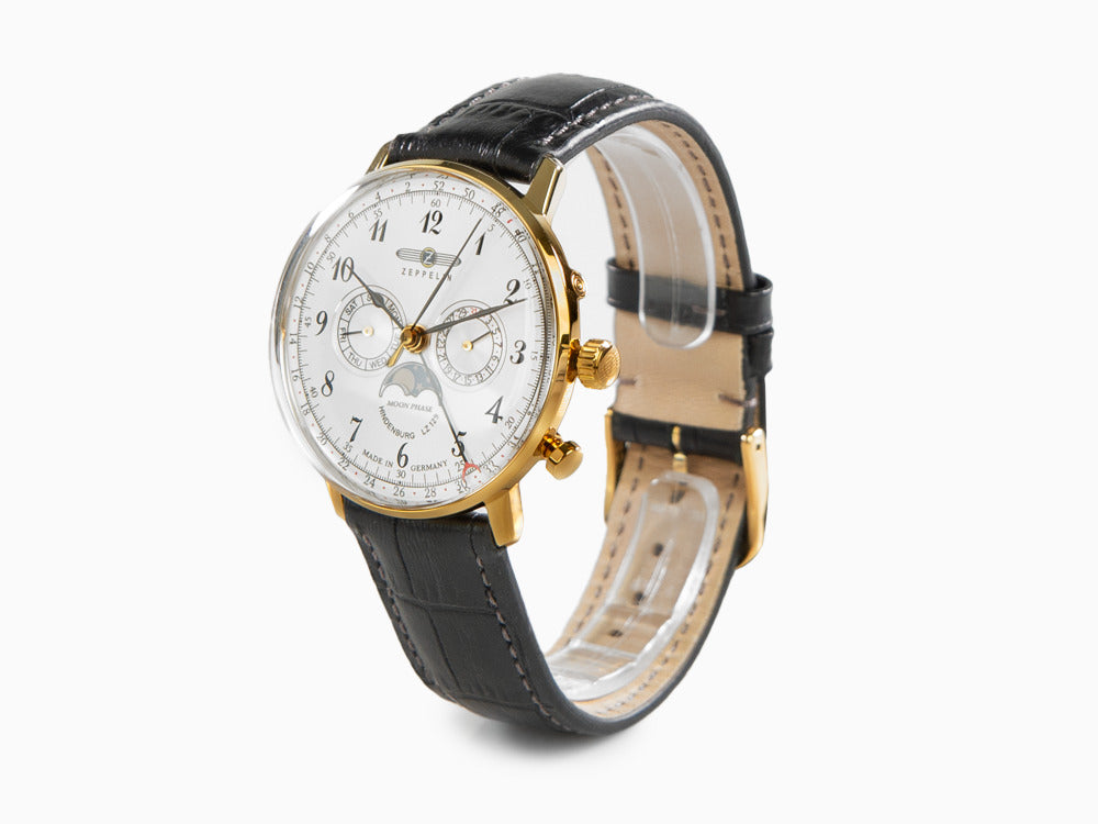 Zeppelin LZ 129 Hindenburg Moonphase Quartz Uhr, PVD Gold, Silber, 40 mm,  7038-1