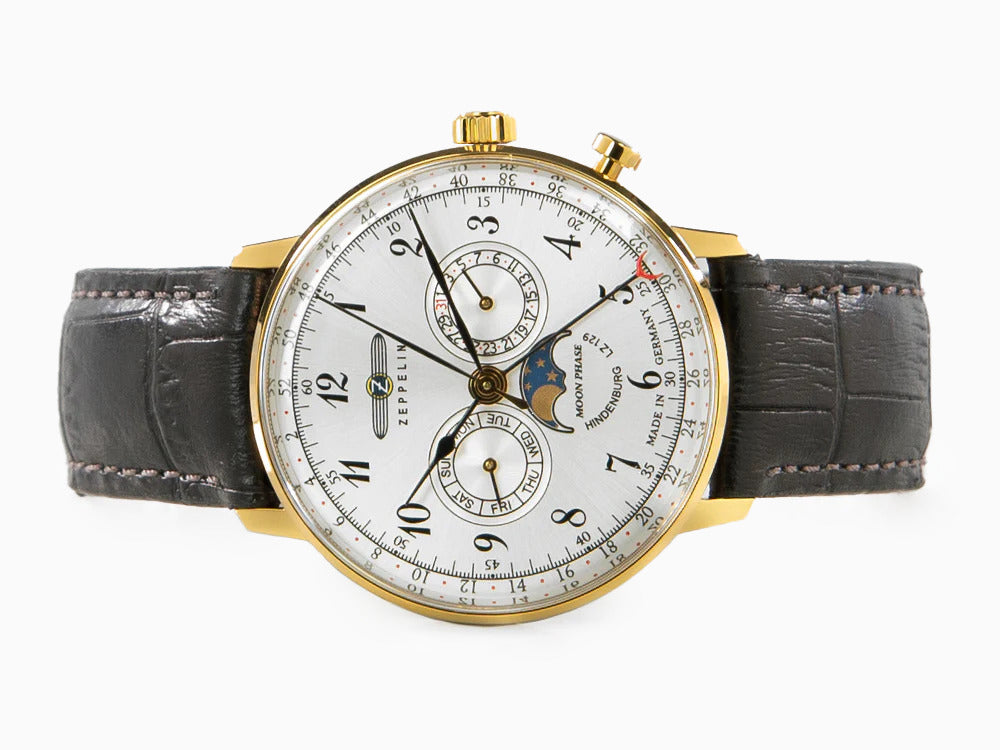 Zeppelin LZ 129 Hindenburg Moonphase Quartz Uhr, PVD Gold, Silber, 40 mm, 7038-1