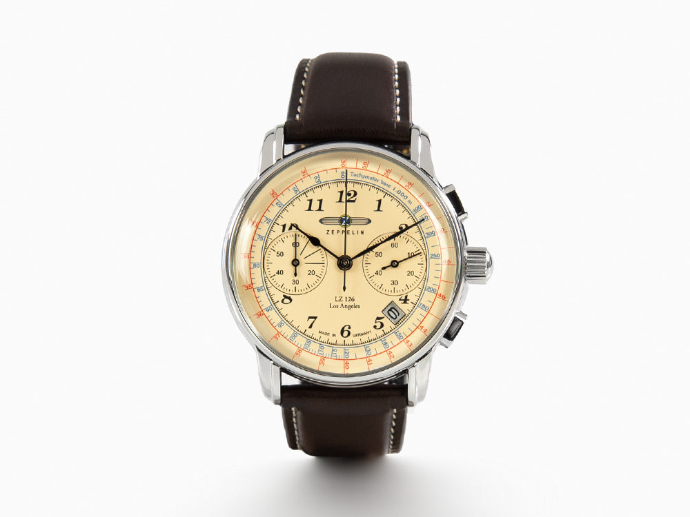 Zeppelin LZ126 Los Angeles Quartz Uhr, Cremefarben, 42 mm, Chronograph, 7614-5