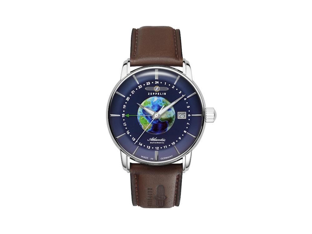 Zeppelin Atlantic GMT Automatik Uhr, Blau, 42 mm, Tag, Lederband, 8468-3