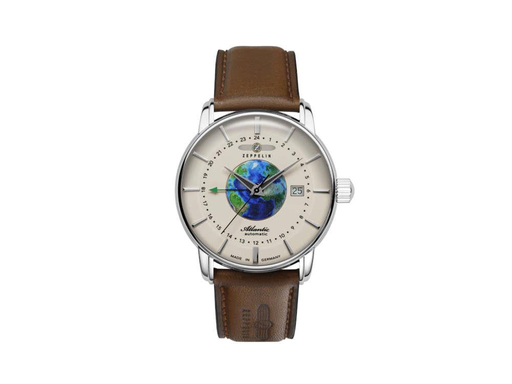 Zeppelin Atlantic GMT Automatik Uhr, Beige, 42 mm, Tag, Lederband, 8468-5