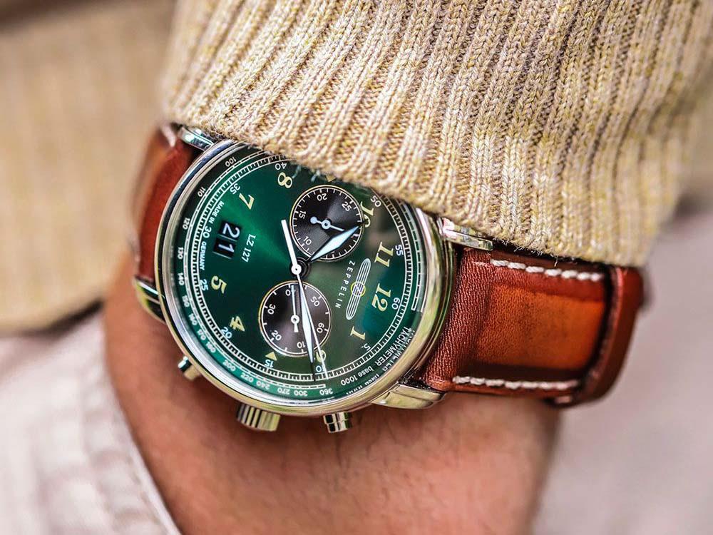 Zeppelin LZ 127 Graf Zeppelin Quartz Uhr, Grün, 40 mm, Chronograph, 8684-4 Zeppelin LZ 127 Graf Zeppelin Quartz Uhr, Grün, 40 mm, Chronograph, 8684-4