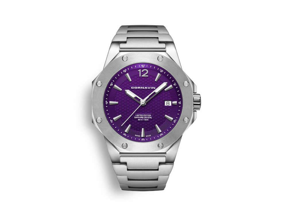 Cornavin Downtown 3-H Quartz Uhr, 41 mm, violett, Stahlband, CO2021-2033