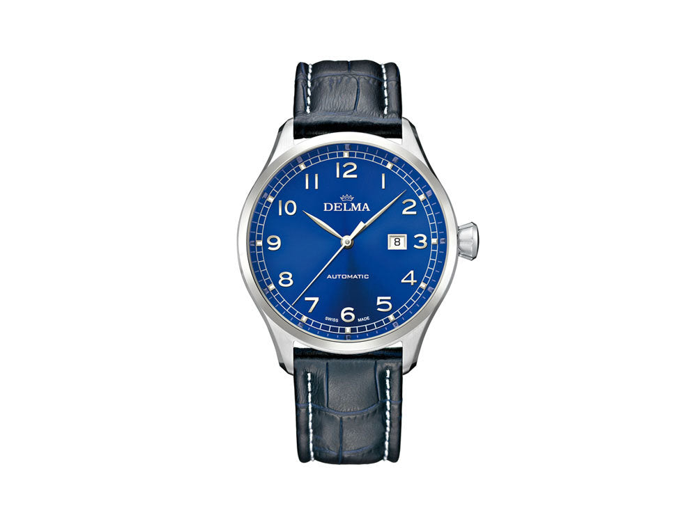 Delma Aero Pioneer Automatik Uhr, Blau, 45 mm, Lederband, 41601.570.6.042