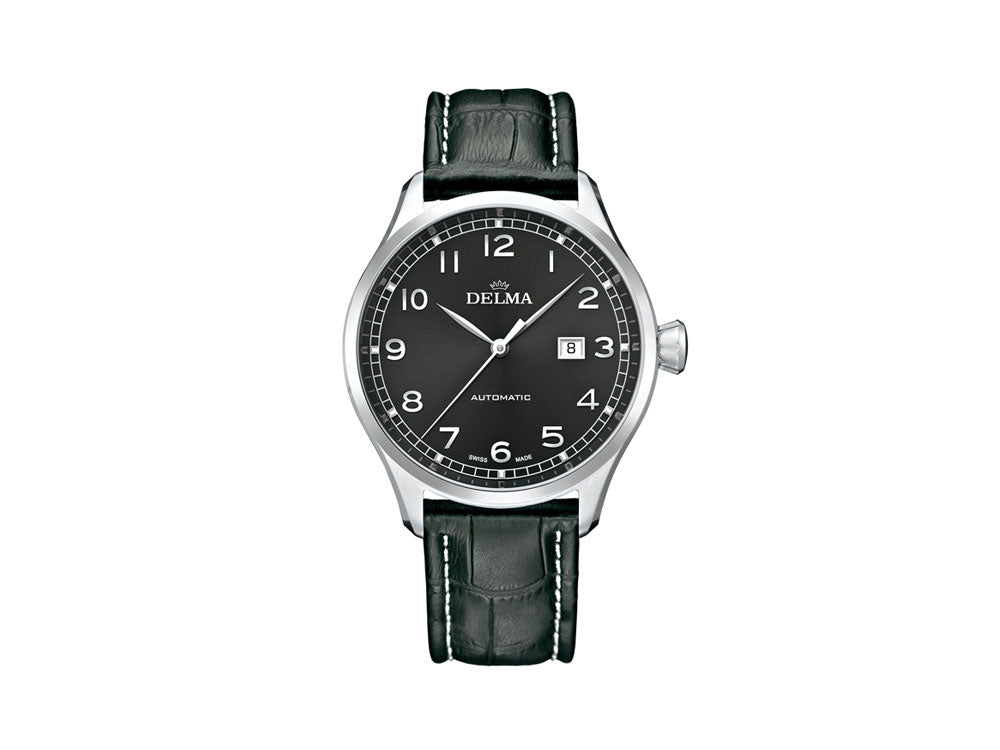 Delma Aero Pioneer Automatik Uhr, Schwarz, 45 mm, Lederband, 41601.570.6.032